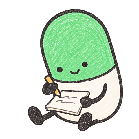 The Pillbox mascot sitting down and writing a receipt