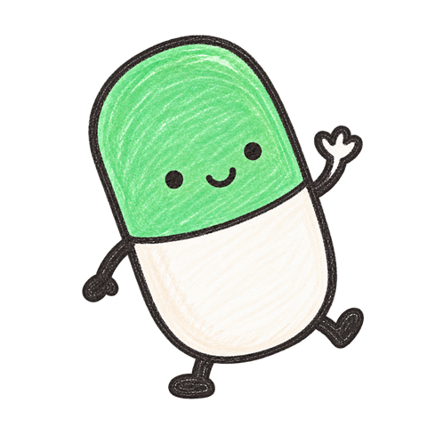 The green and white Pillbox mascot waving hello